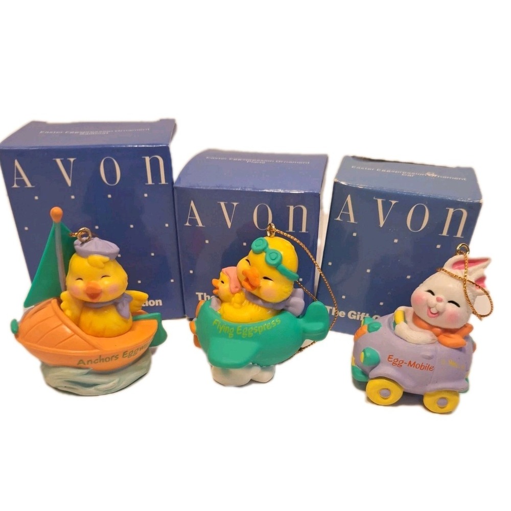 Set of 3 Avon Easter Eggspression Ornaments CAR~PLANE~SAILBOAT NIB